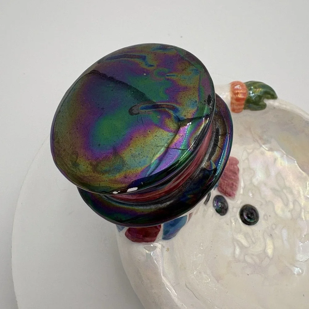 Ceramic Snowman Christmas Festive Candy Bowl Iridescent Glossy‎ Vintage